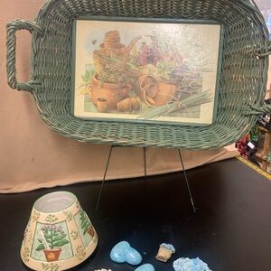 Wicker Serving Tray with Botanical Artwork - Seafoam Green